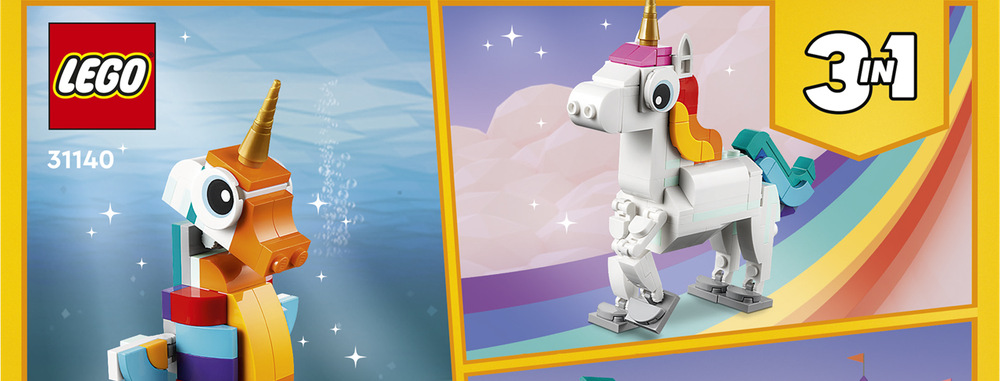 Stavebnica LEGO® Creator 3 v 1 31140 Kouzelný jednorožec Zo 145 dielikov môžu deti prestavať jednorožca na morského koníka s pohyblivým chvostom alebo farebného páva.