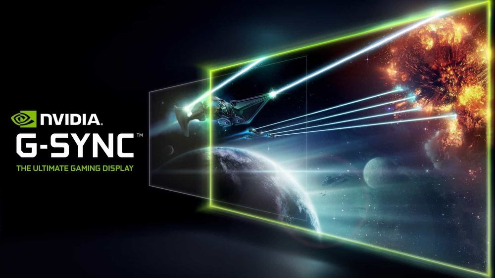 Herný počítač Lynx Challenger Ultra 5 čierny Záber ilustrujúci technológiu NVIDIA® G-SYNC®, v ktorej vesmírna loď strieľa lasery vo vesmíre smerom k explózii. Text znie: „Najlepší herný displej.“