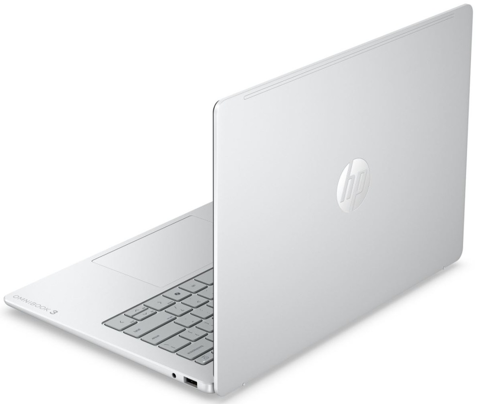 Notebook HP OmniBook 3 14-hy0001ncx + Game Pass predplatné na 2 mesiace strieborný Zadný pohľad na notebook HP OmniBook 3 s logom HP na veku