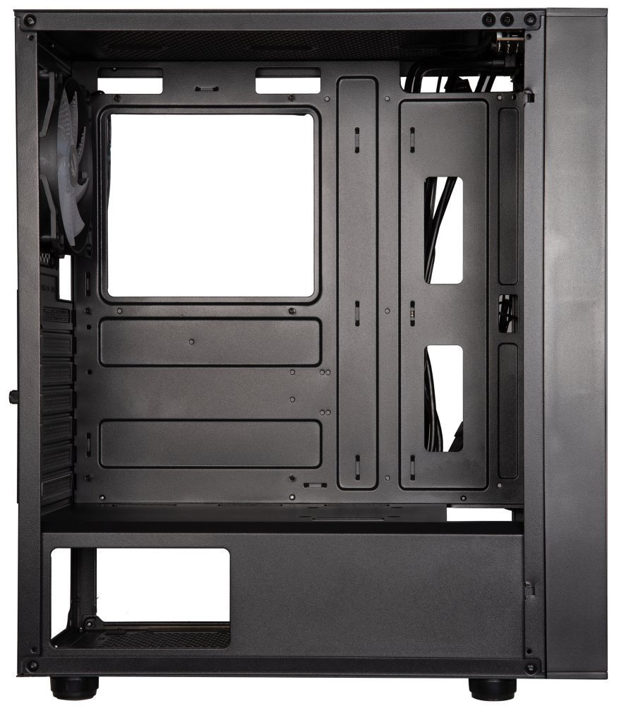Case BitFenix Light čierna Pohľad z boku do prázdnej PC skrine. Vidíme na ľavej strane zabudovaný ventilátor na zadnej stene a ďalej vidíme pozície na zabudovanie komponentov PC.