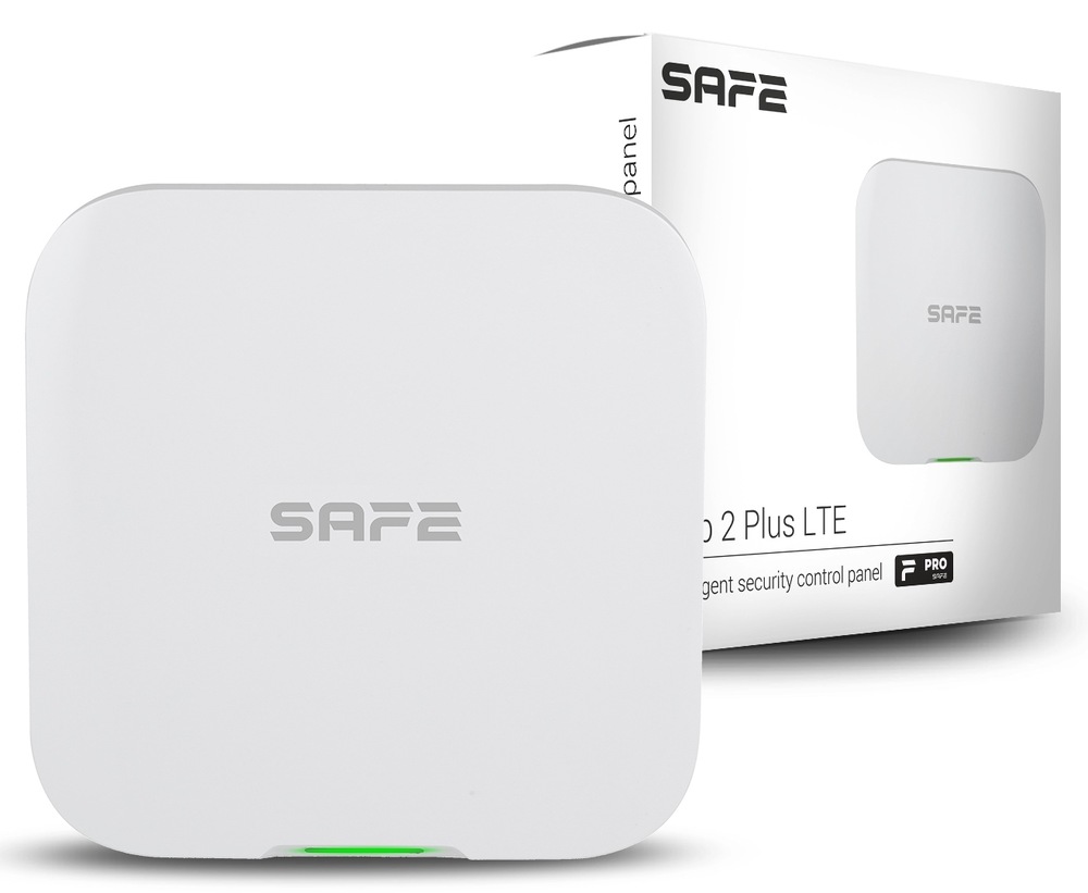 Kompletný set Safe Starter Kit Cam biela Na obrázku je biela centrálna jednotka SAFE a za ňou jej predajná krabica. Samotné zariadenie má štvorcový tvar so zaoblenými rohmi, čistý minimalistický vzhľad a uprostred logo SAFE. Dole je úzka zeleno svietiaca kontrolka. Škatuľa v pozadí zobrazuje rovnaký produkt a časť názvu radu Hub 2 Plus LTE. Ide o produktovú fotografiu riadiacej jednotky pre šikovný zabezpečovací systém SAFE.
