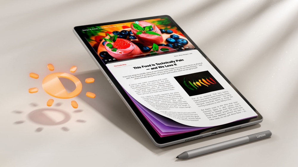 Tablet Lenovo Idea Tab Plus 8 GB / 256 GB + dokovací klávesnice a dotykové pero sivý Dotykový tablet Lenovo Idea Tab Plus s dotykovým perom pri práci s obsahom