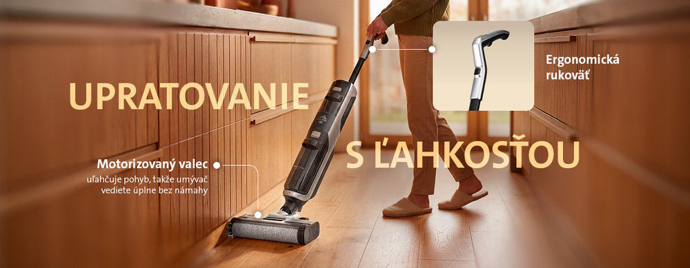 Čistič tvrdých podláh ETA Wash Master AI 7257 90000 čierna/strieborná Tyčová umývačka podláh a vysávač ETA Wash Master AI v kuchyni – Upratovanie s ľahkosťou vďaka motorizovanému valcu pre ľahký pohyb a ergonomickej rukoväti