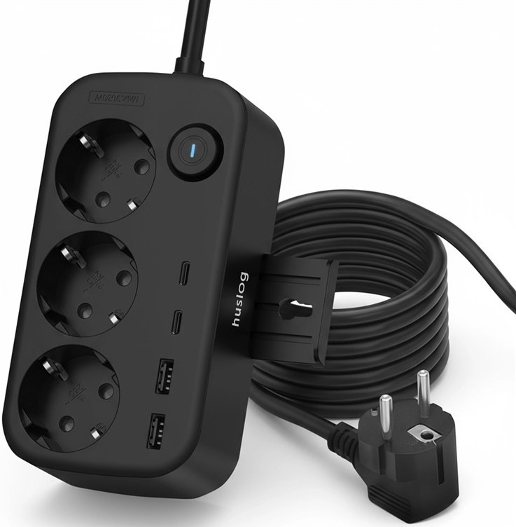 Kábel predlžovací Huslog 15W s 3 zásuvkami, 2 portami USB-C, 2 porty USB a držiakom na telefón