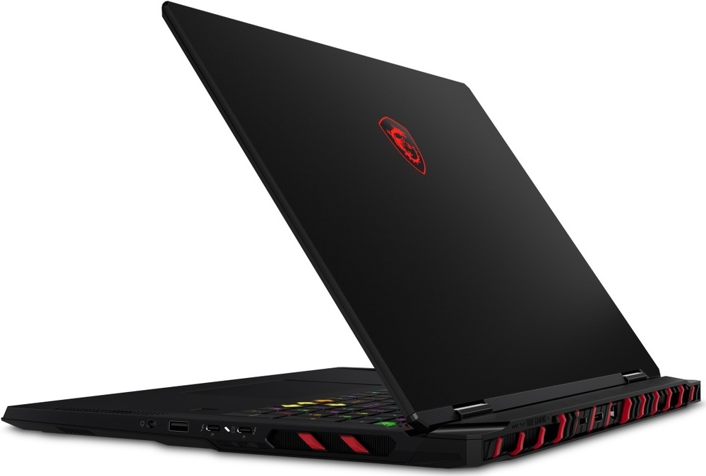 Notebook MSI Raider 18 Max HX A2WI-1042CZ čierny Herný notebook MSI Raider 18 Max HX A2W z bočného zadného uhla s otvoreným vekom a výkonným chladením