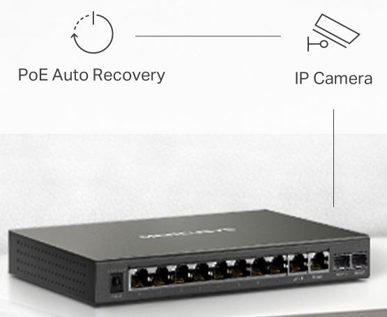Switch Mercusys MS112GMP (MS112GMP) čierny Infografika znázorňuje funkciu PoE Auto Recovery, ktorá môže automaticky reštartovať pripojenú IP kameru, pokiaľ prestane komunikovať.