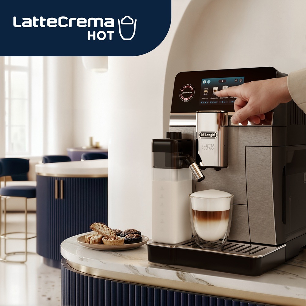 Automatický kávovar De'Longhi Eletta Ultra ECAM 470.85.MB čierne/nerez automatický kávovar De’Longhi pripravujúci krémové cappuccino s technológiou LatteCrema Hot.