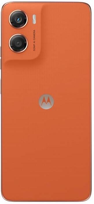 Zadná strana telefónu Motorola Moto G06 v oranžovej farbe s duálnym 50Mpx fotoaparátom a vegánskou kožou