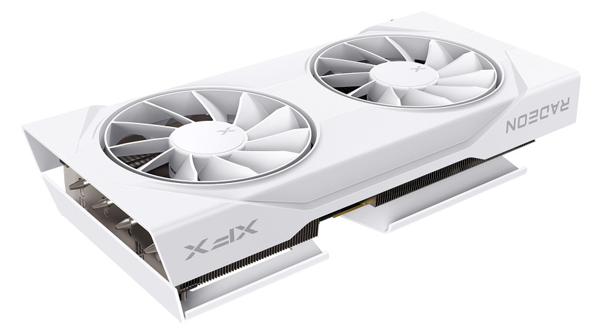 Grafická karta XFX Swift White AMD Radeon RX 9060 XT OC 8GB GDDR6 Dual Fan Gaming Edition Detail bočnej časti chladiča grafickej karty XFX Swift White Radeon RX 9060 XT s masívnym heatsingom