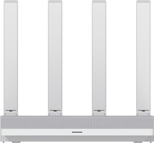 Biely router Xiaomi AX3000T so štyrmi vysokými anténami. Má nízke podlhovasté telo, decentnú prednú kontrolku uprostred a jednoduchý čistý dizajn vhodný do interiéru.