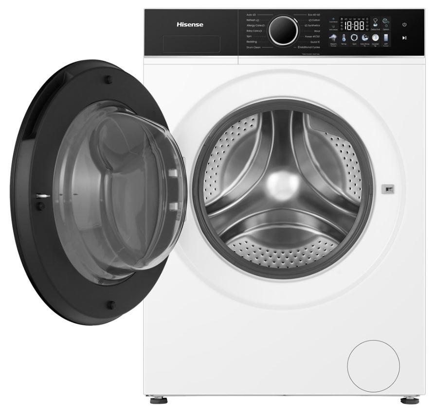 práčka Hisense WF3I8043BWF s otvorenými dvierkami. Práčka je v bielej farbe