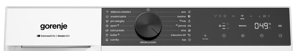 Sušička bielizne Gorenje G400 D48C NatureDry biela detail ovládacieho panela sušičky Gorenje D48C NatureDry, ktorý je v čiernej farbe av slovenskom jazyku
