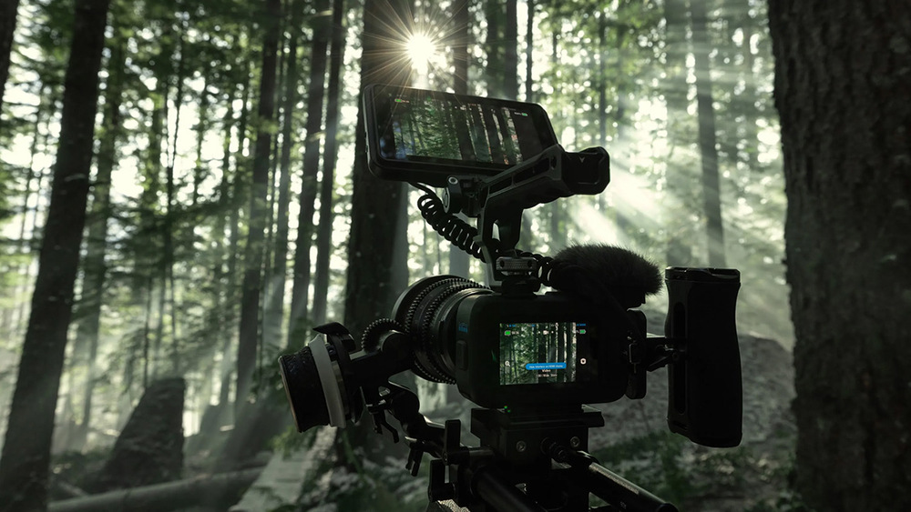 Mikrofón GoPro Media Mod MISSION 1 čierne Profesionálna kamerová zostava s monitorom pri natáčaní v lese