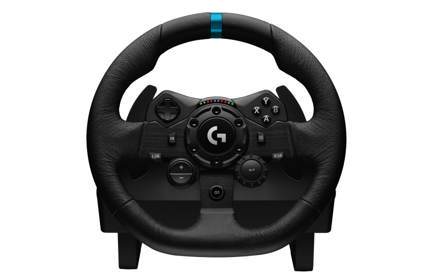 Volant Logitech G923 Racing Wheel and Pedals - PC only čierny Čelný pohľad na volant Logitech G923 Racing Wheel s ovládacími prvkami a páčkami