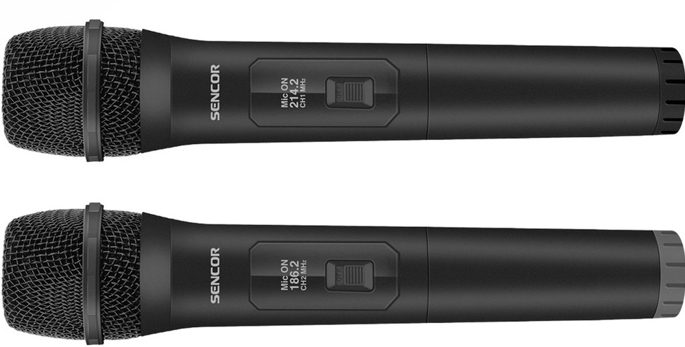 Mikrofón Sencor SSS WM20, bezdrôtovo 2,4 GHz (2 ks) čierny Dva čierne bezdrôtové mikrofóny Sencor SSS WM20