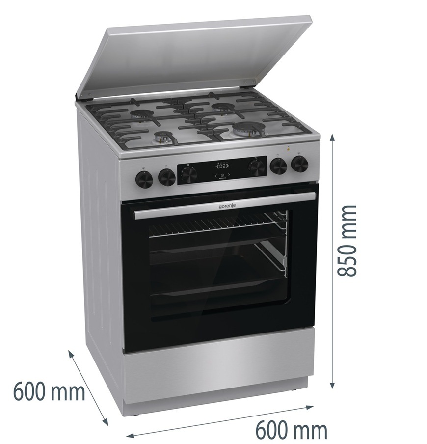 Kombinovaný sporák Gorenje G600 GKS6C71XF nerez Na obrázku je sporák Gorenje GKS6C71XF s rozměry