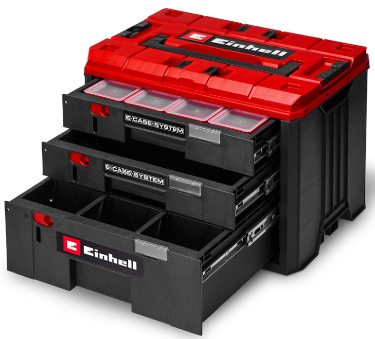 Box na náradie Einhell E-Case 4540047 s tromi zásuvkami v čierno-červenom prevedení