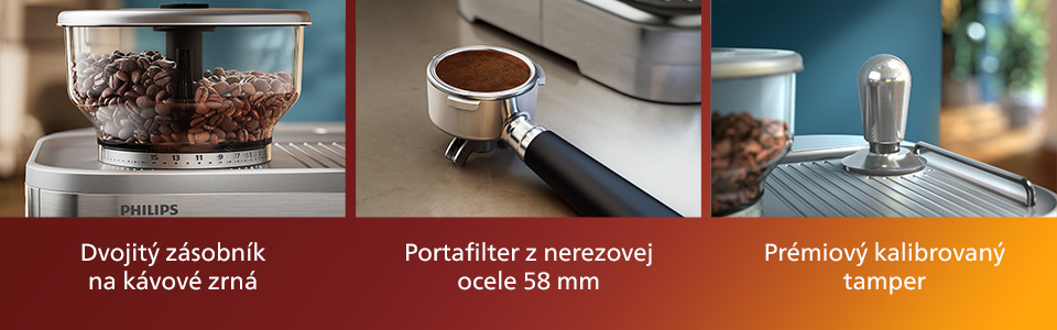 Pákový kávovar Philips Barista PSA3228/01 strieborný/kovový Na obrázku je kávovar s príslušenstvom, zásobníkom na kávové zrná, nerezovým portafiltrom a kovovým tamperom na utláčanie kávy.