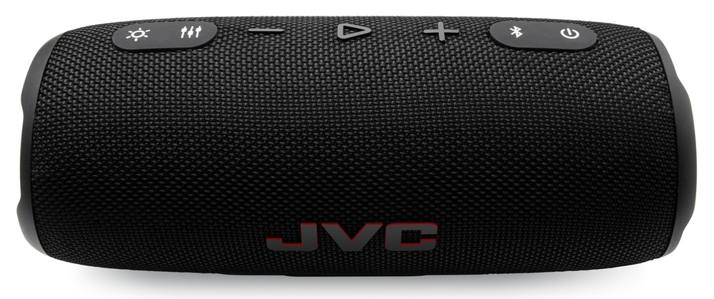 Horné ovládacie tlačidlá a mikrofón na čiernom prenosnom Bluetooth reproduktore JVC XS-E425B