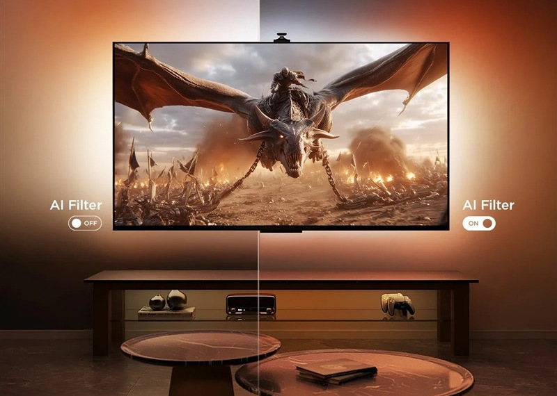 Farebná kombinácia na stene za obrazovkou dokonale ladí s filmovým žánrom vďaka pásku Govee TV Backlight 3 Pro 55-65" RGBIC s ​​AI