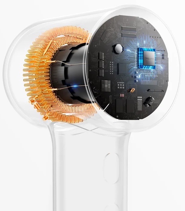 Fén Dreame Hair Mini White biely Rez sušičom Dreame Hair Mini zobrazujúci vysokorýchlostný motor a vnútornú elektroniku pre efektívne prúdenie vzduchu