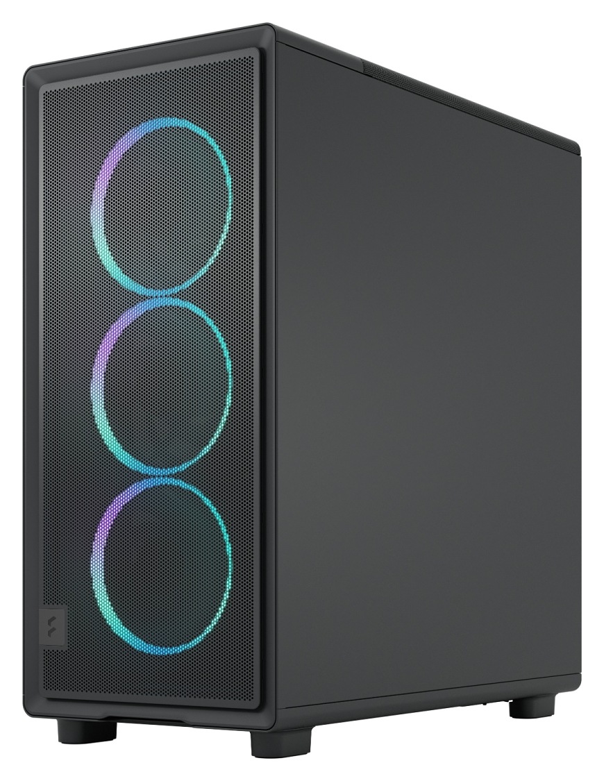Case FRACTAL DESIGN Epoch Black TG RGB Light Tint čierna Pohľad na čiernu počítačovú skriňu FRACTAL DESIGN Epoch Black TG RGB Light Tint s čelnou perforovanou mriežkou, za ktorou sú viditeľné tri RGB ventilátory s kruhovým podsvietením