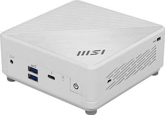 Mini PC MSI Cubi 5 zo šikmého pohľadu v bielom prevedení, s vrúbkovaným horným panelom, logom MSI, USB portami, USB-C, audio konektorom a bočným vetraním.