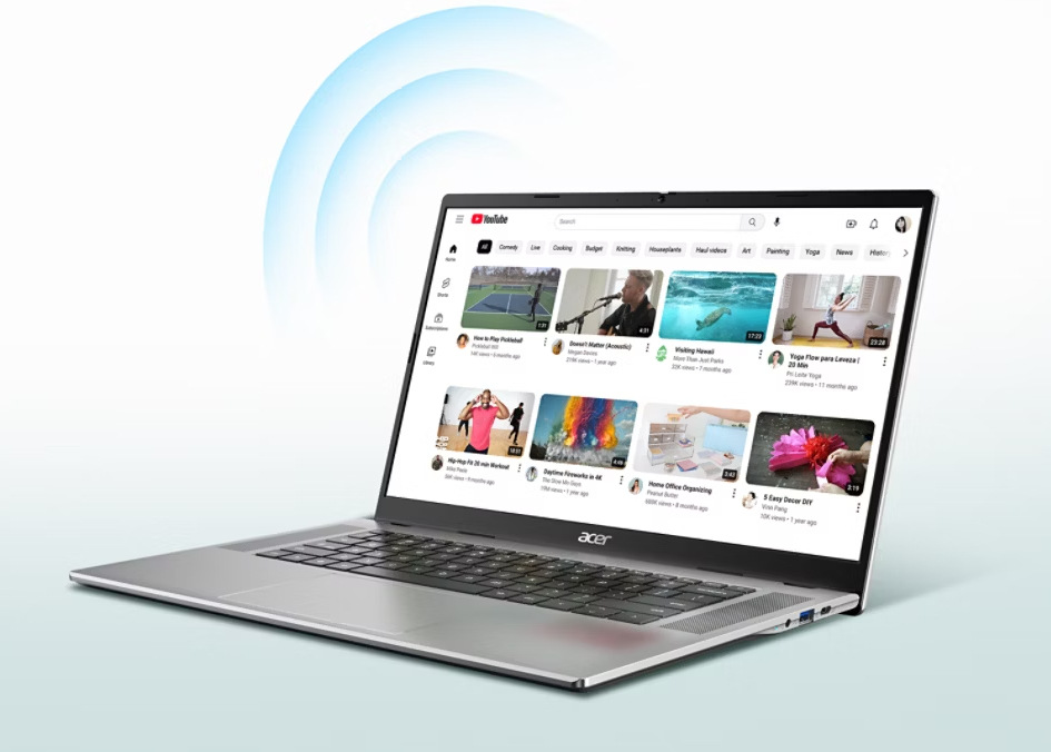 Notebook Acer Chromebook 315 (CB315-8H-862K) strieborný YouTube na notebooku Acer Chromebook 315 s rýchlou a spoľahlivou Wi-Fi