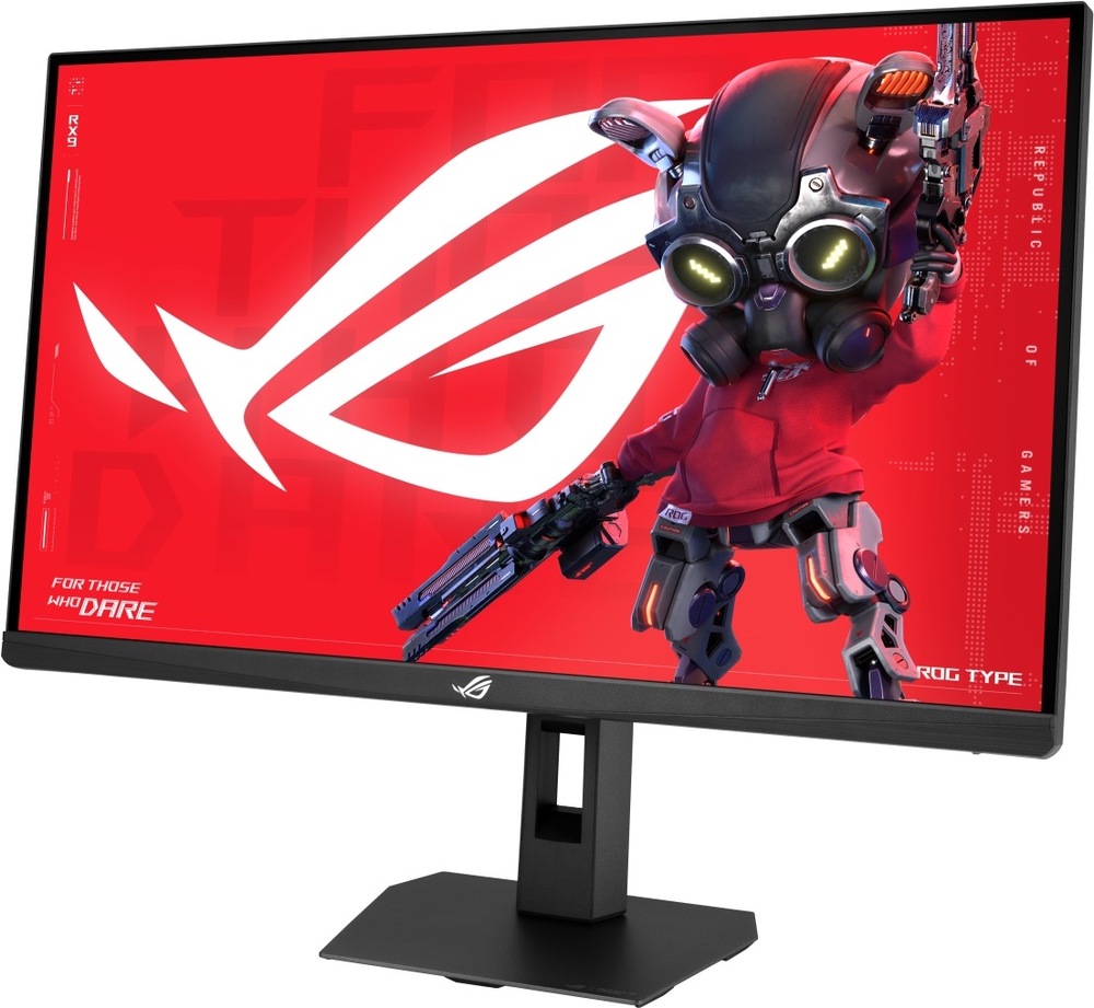 Herný monitor Asus ROG Strix XG27AQNGV čierny Na obrázku je herný monitor Asus ROG Strix XG27AQNGV 27" v čiernom prevedení z predného šikmého pohľadu. Monitor má tenký rámček, širokouhlý displej a stojí na pevnom výškovo nastaviteľnom stojane s plochou hranatou základňou. Na obrazovke je výrazná červená herná grafika s veľkým bielym logom. uprostred spodnej lišty monitora.