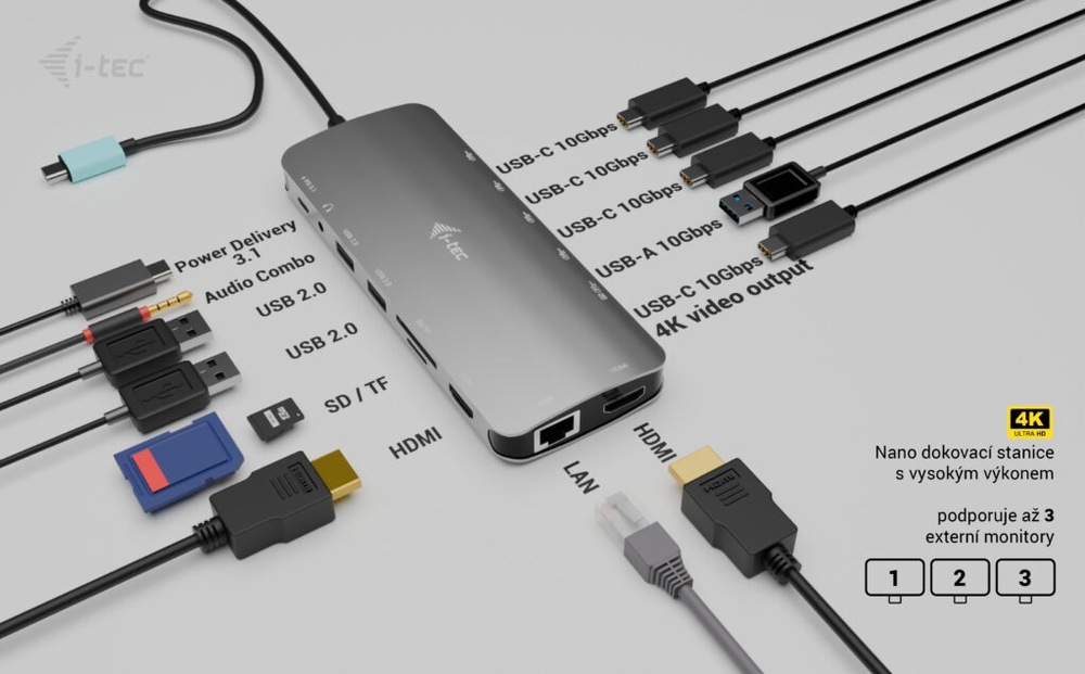 Dokovacia stanica i-tec USB-C Metal Nano 3x Display, 2x HDMI 1x USB-C video, PD 140W + Universal Charger 140 W strieborná farba Dokovacia stanica i-tec so zapojenými káblami do portov USB-C, USB-A, HDMI, LAN, audio a čítačky kariet.