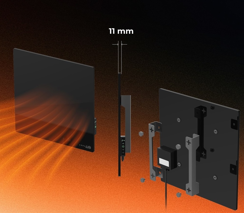 Vykurovací panel AENO GH12s čierny Minimalistický dizajn skvele reprezentuje 11mm telo zo smaltovaného tvrdeného skla s držiakmi.