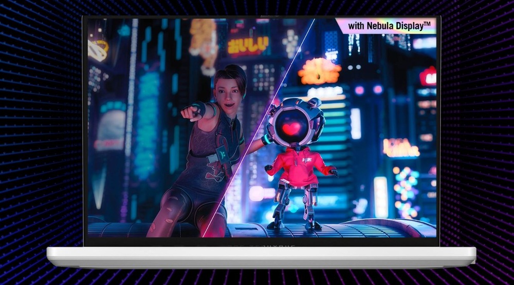 Na obrazovke notebooku je vidieť pulzujúca mestská krajina s neónovými svetlami. Na jednej strane ukazuje žena v futuristickom odeve dopredu a na druhej strane stojí roztomilý robot. Text v znení „s Nebula Display™“.
