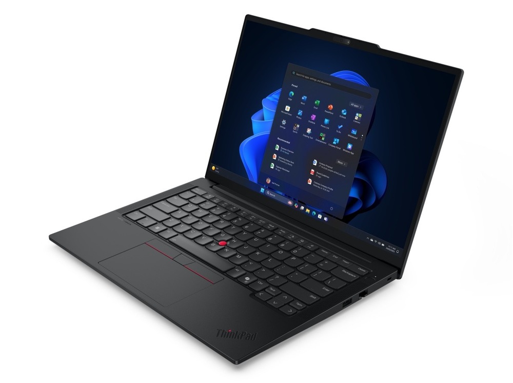 Notebook Lenovo ThinkPad E14 Gen 7 čierny Otvorený a zapnutý notebook Lenovo ThinkPad E14 Gen 7 otočený doľava