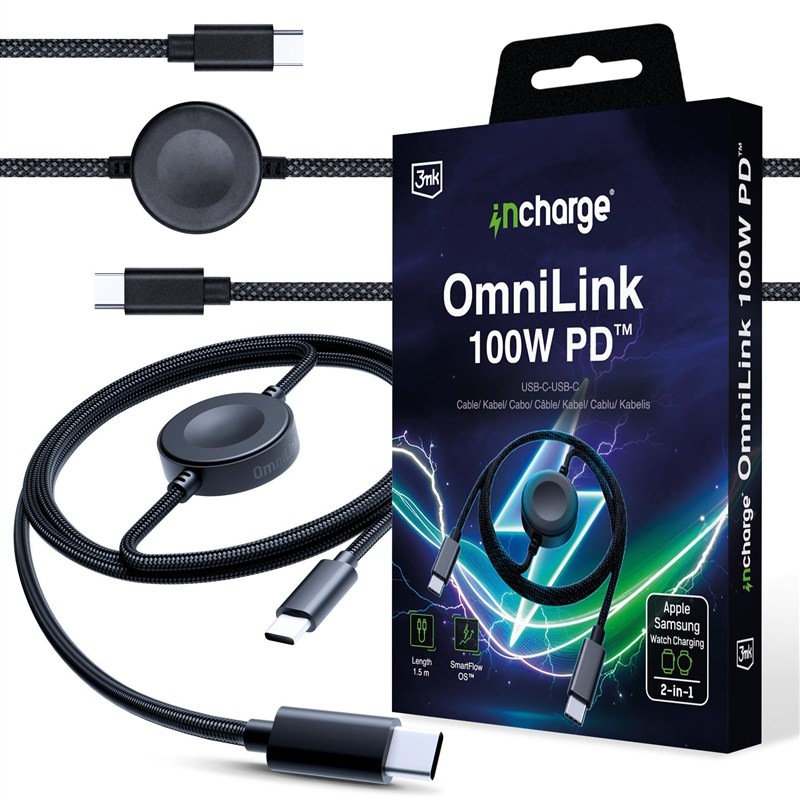 Nabíjací kábel 3mk OmniLink USB-C s nabíjaním Apple Watch a Samsung Galaxy Watch, 100 W PD, 1,5 m čierna