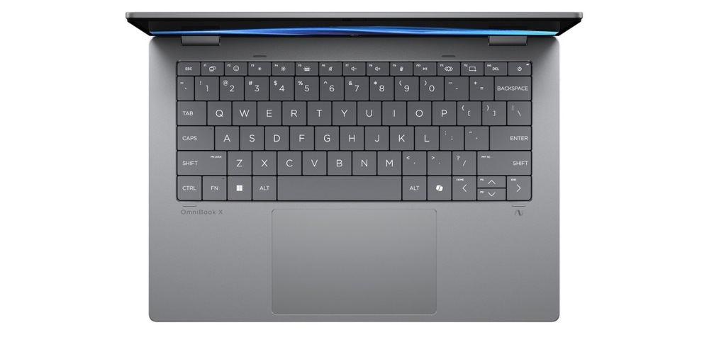 Notebook HP OmniBook X Flip NG AI PC 14-fm0433nc + Game Pass predplatné na 3 mesiace strieborný/sivý Notebook HP OmniBook X Flip NG AI 14-fk0001nc zhora pohľad na klávesnicu