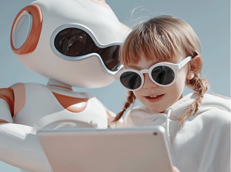 Inteligentné hodinky Garett Kids Vibe AI 4G čierne Dievča držiace tablet v ruke s okuliarmi na hlave a robotom za chrbtom