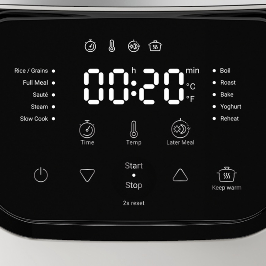 Detailný záber na digitálny displej na multifunkčnom hrnci Tefal.