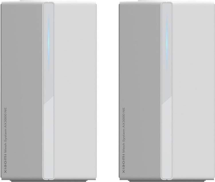 Dve biele jednotky Xiaomi Mesh System AX3000 NIE vo vysokom hranatom prevedení. Každá má vpredu úzky zvislý svetelný prúžok a čistý minimalistický design bez viditeľných antén.