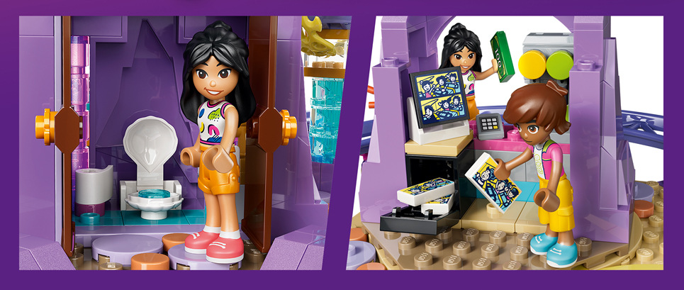 Stavebnica LEGO® Friends 42703 Jazda na horskej dráhe s morskými vílami Po jazde môžu deti zamieriť na bubble tea, vystúpenie alebo spoločnú fotografiu s kamarátmi.