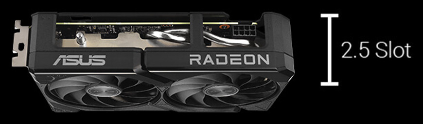 Grafická karta Asus Dual AMD Radeon RX 9060 XT 8GB čierna Bočný pohľad na Asus Dual RX 9060 XT ukazujúci kompaktný 2,5-slotový dizajn pre lepšiu kompatibilitu
