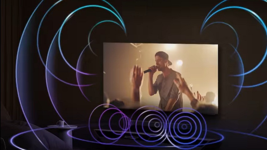 hudobné video na televízii samsung UE100M90H so zakreslením zvuku pri prepojení soundbaru a zvuku z tv