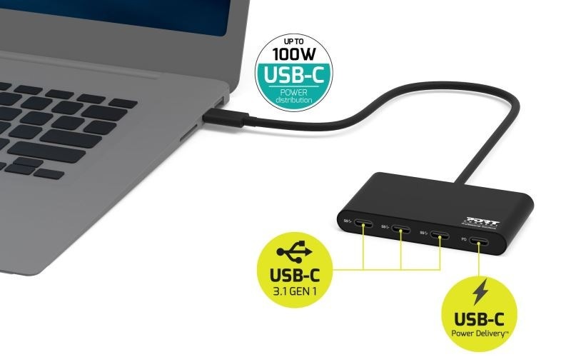 USB Hub PORT CONNECT USB-C, 3x USB-C 3.1 + 1x USB-C 100W PD čierny