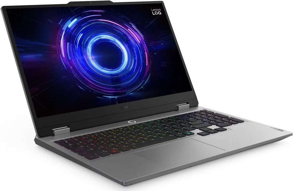 Otvorený notebook Lenovo LOQ s farebne podsvietenou klávesnicou a výrazným herným motívom na displeji