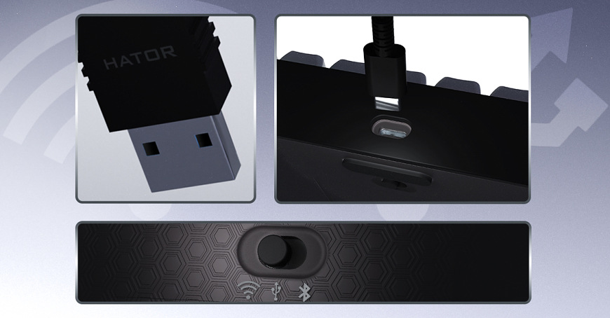USB prijímač, konektor USB-C a prepínač pripojenia klávesnice HATOR Skyfall Pro Wireless
