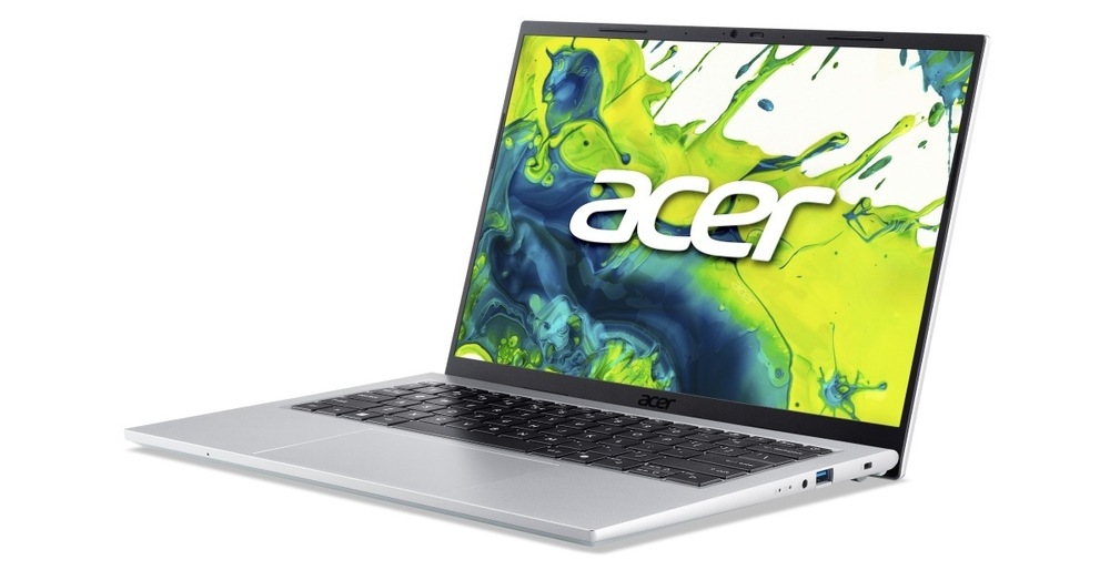 Notebook Acer Aspire Go 14 (AG14-72P-50ZC) strieborný Otvorený a zapnutý notebook Acer Aspire Go 14 (AG14-72P-570S) otočený doľava