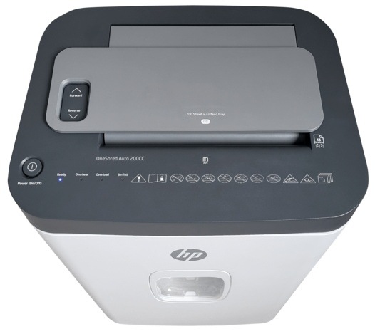Skartovač HP OneShred Auto 200CC biely Pohľad zhora na ovládací panel skartovačky.