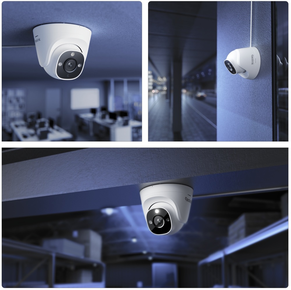 IP kamera Reolink RP-PCT8M SMB PoE biela Kamera Reolink nainštalovaná v kancelárii, na stene pri diaľnici av sklade v noci.