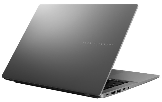 Zadná strana otvoreného notebooku ASUS Vivobook S14 s konektormi na boku