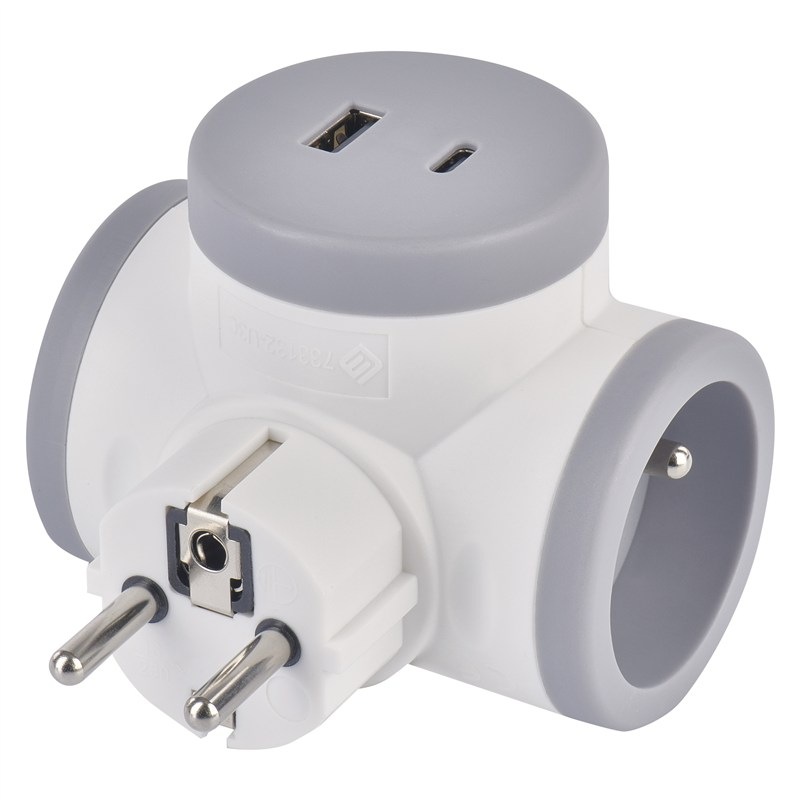 Rozbočovacia zásuvka EMOS 2x zásuvka, 1x USB, 1x USB-C sivá/biela