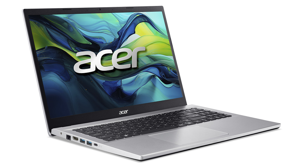 Otvorený a zapnutý notebook Acer Aspire Go 15 (AG15-42P-R7KD) otočený doprava